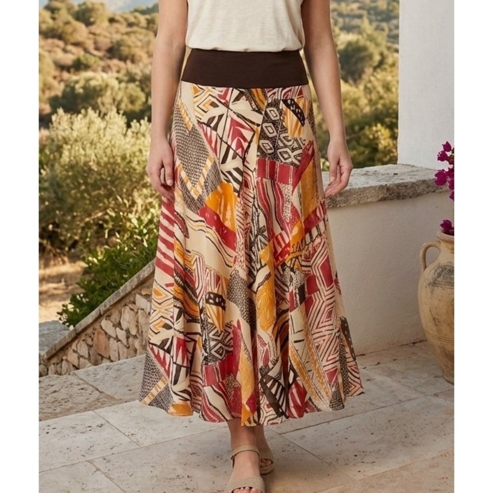 Jones New York Collection L Geometric Print Maxi Full Skirt Earth Tones Boho